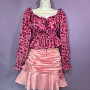 Pink Floral Ruched Bust Peplum Top